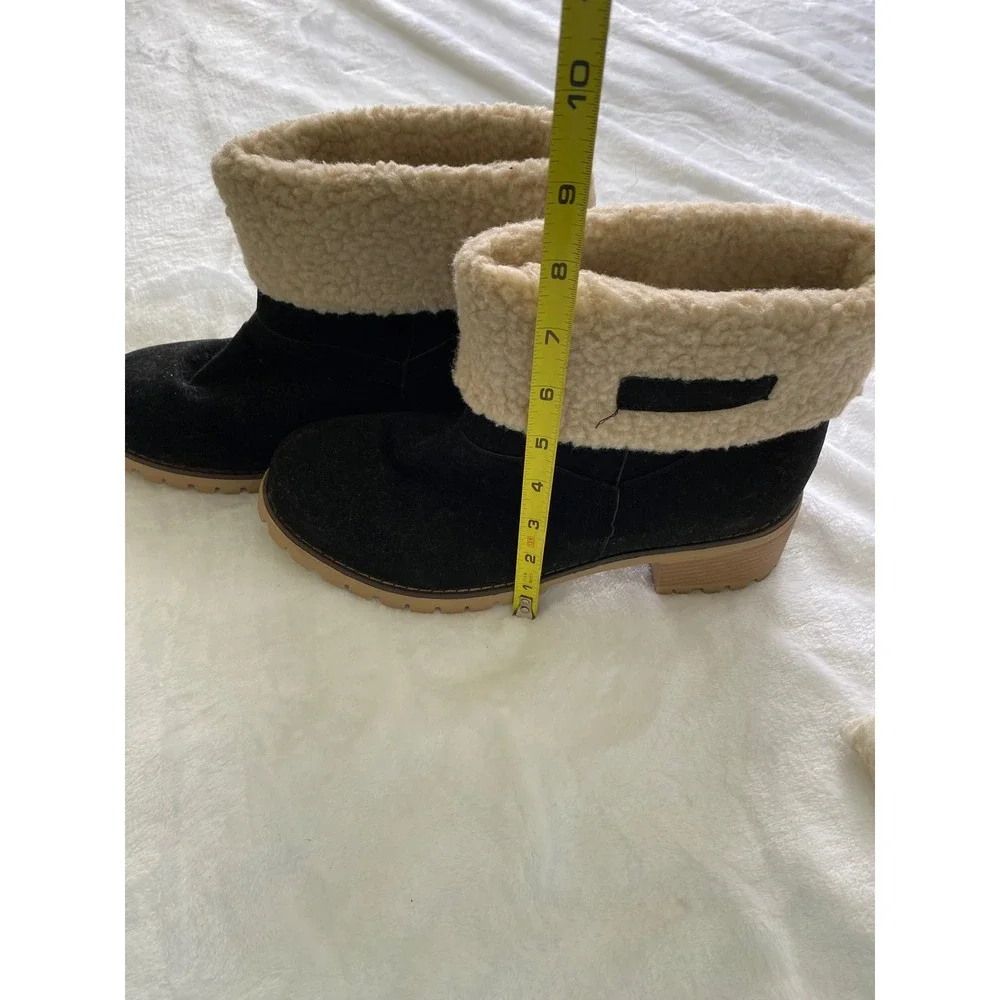 Black Faux Suede Faux Fur Lined Cuffed Ankle Boots Lug Sole Block Heel Size 43